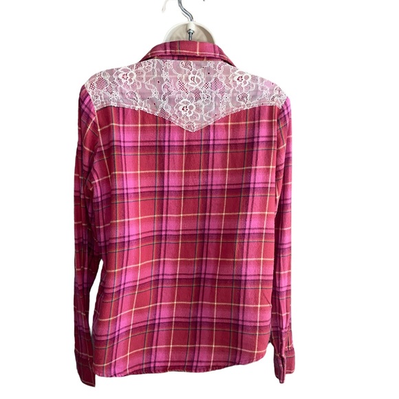 Wrangler Wrancher Pink Plaid Pearl Snap Button Down Long Sleeve Size Large - Picture 2 of 11